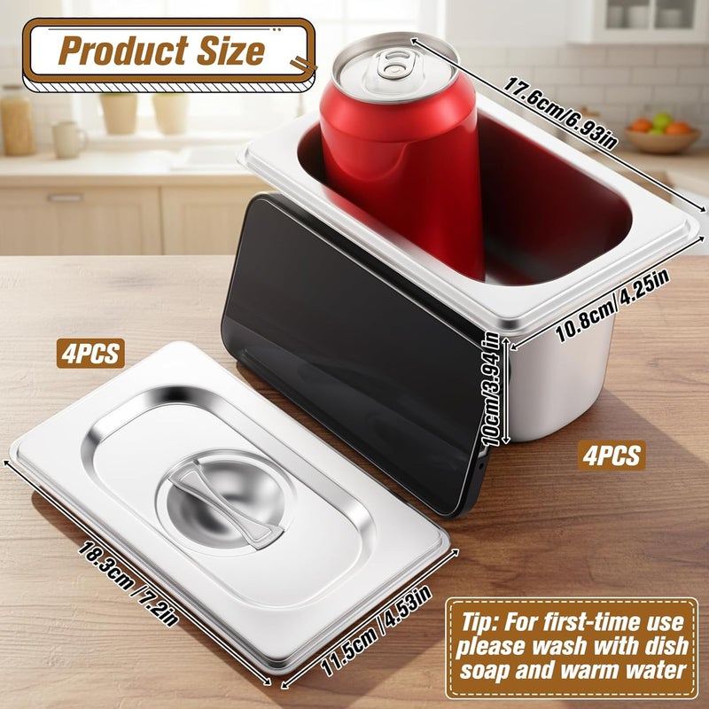 Exclaith 4 Pack Hotel Pan with Lid 1/9 Size 4 Inch Deep Stainless Steel Restaurant Food Prep Tray Metal Hotels Steam Table Pan for Home, Party, Restaurant, Hotel, Buffet - Image 2